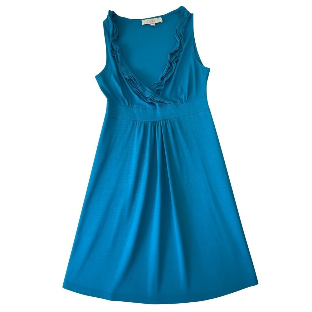 Ann Taylor Loft Teal Blue Ruffle V-Neck Empire Waist Sleeveless Knit Dress XS